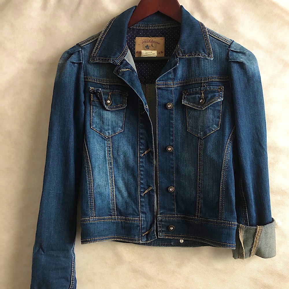 Fishbone Jean Denim Jacket Faded Distressed Jeweled Button